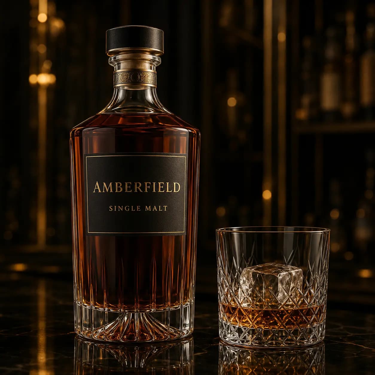 Amberfield single malt whisky with a cut-crystal glass