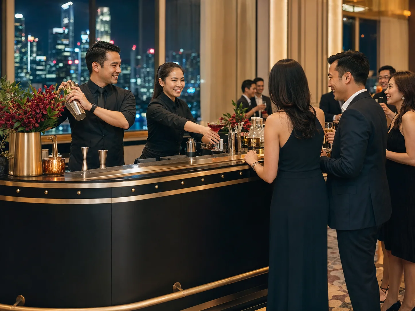 Professional bartender serving guests at an event