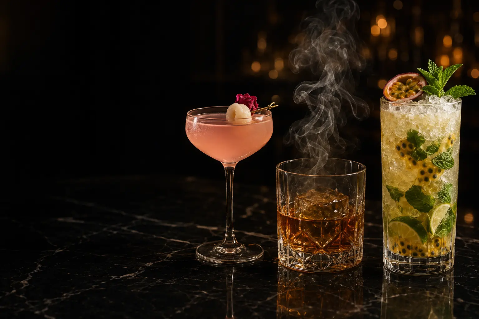 Signature cocktails, a smoked whisky serve and a passionfruit mojito on a candlelit bar