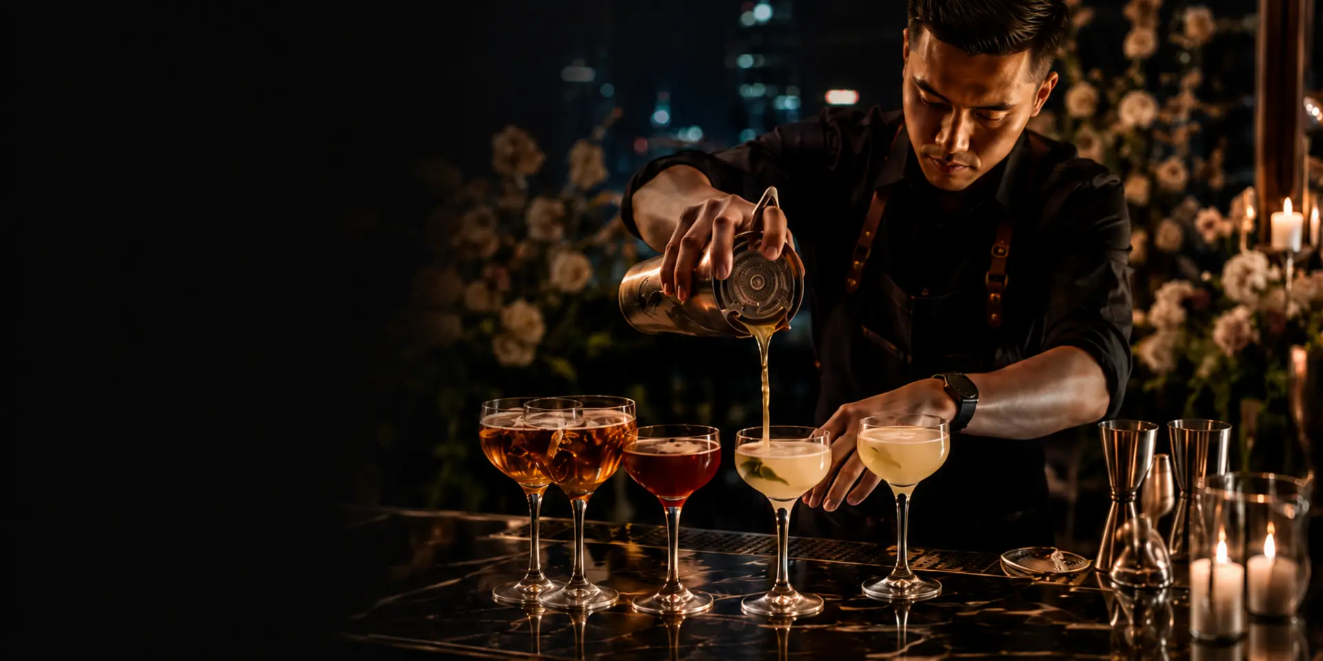 Bartender creating cocktails at an elegant Singapore event