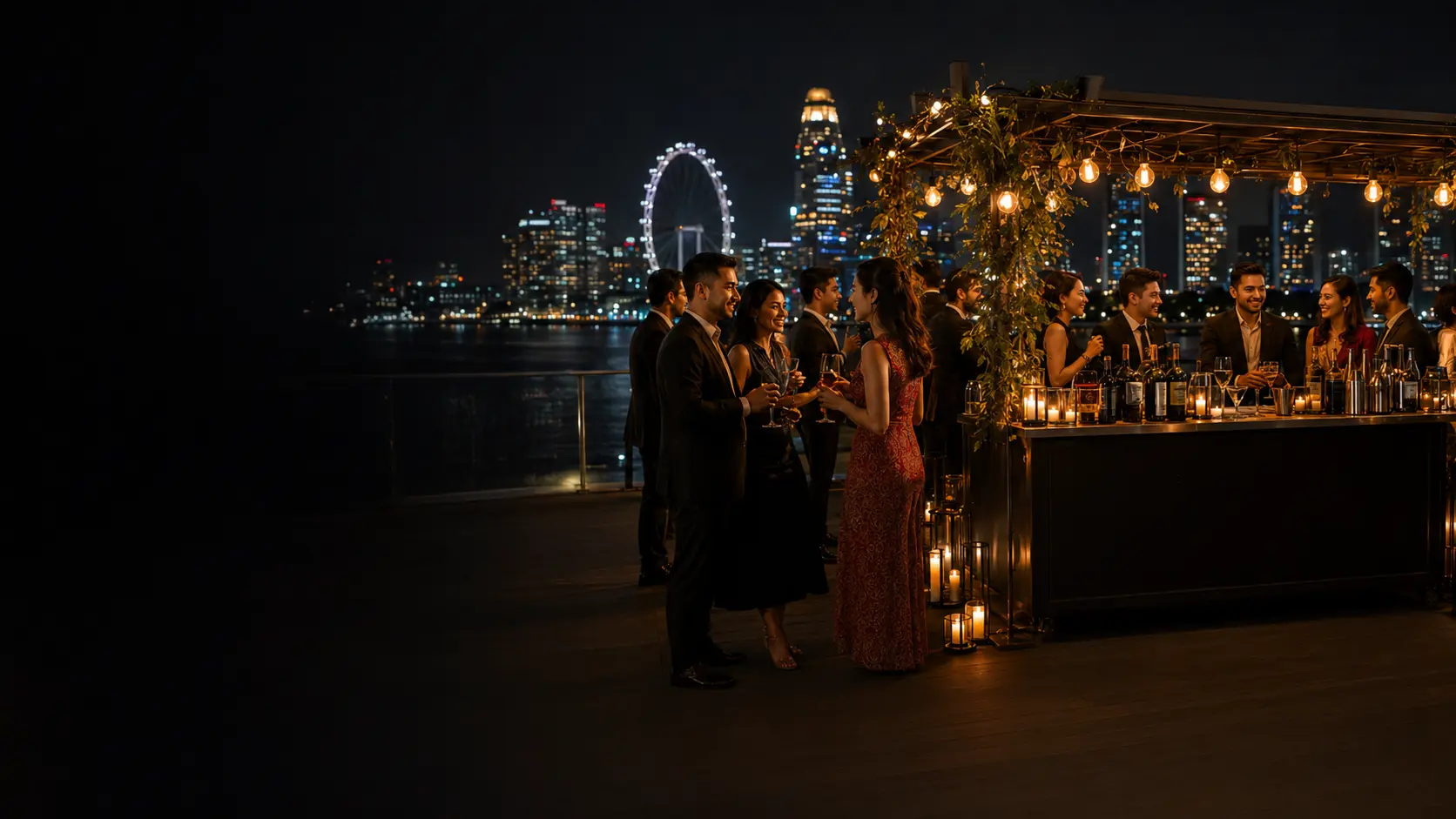 Elegant rooftop cocktail reception overlooking the Singapore skyline