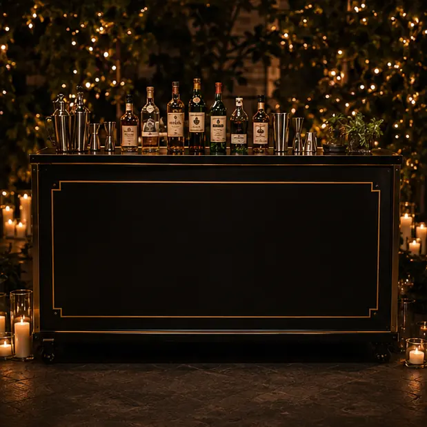 Premium matte-black mobile bar at a candlelit Singapore event