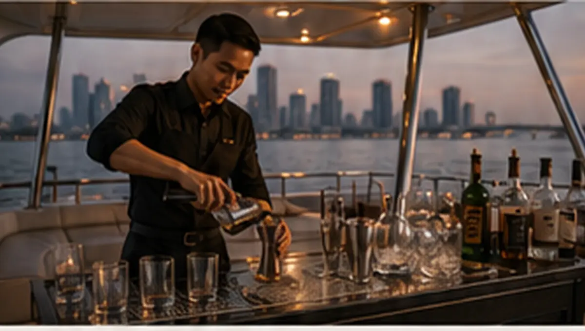 Bartender preparing the yacht bar before guests arrive